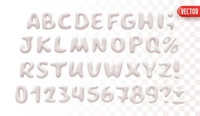 Plastic 3d realistic font liquid shapes white milk colors. A set of letters and numbers isolated on a white background with a transparency effect. vector illustration