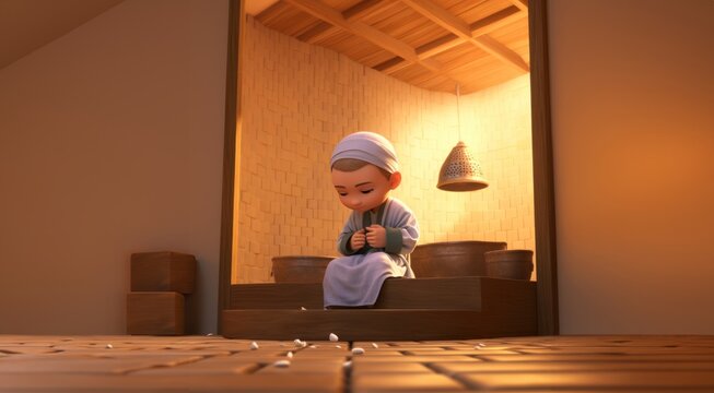 A serene moment captured in a photograph, depicting a little girl engaged in the Islamic ritual of abdest, symbolizing purity and spiritual cleansing before prayer.Generated image