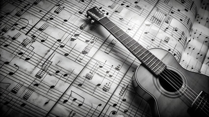 Acoustic Guitar on Music Sheet, Black and White Musical Composition