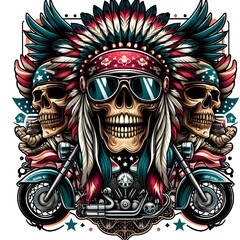 American Skull Motorcycle with Native American Headdress