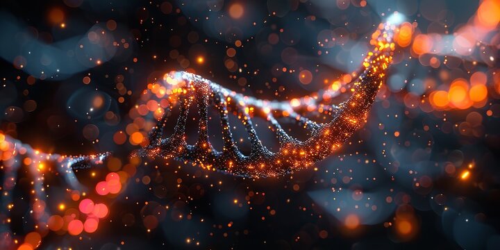 Highly Detailed DNA Double Helix with Glowing Particles on a Dark Background in Turquoise and Orange