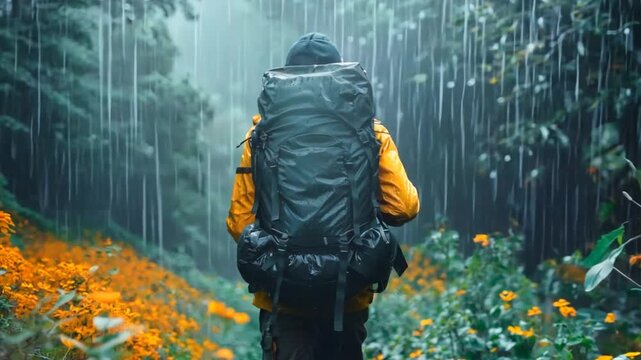 A backpacker with their back to the camera, wearing black and yellow outdoor , carrying an oversized hiking bag on their shoulders in heavy rain, surrounded by flowers, with a foggy forest background,