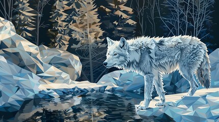 Icy Wolf Prowling Through Geometric Forestscape