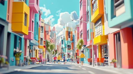 Naklejka premium 3D Cute Bustling City Street with Colorful Buildings - Free Image Download