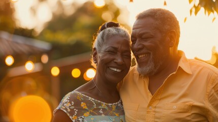 Fototapeta premium A joyful senior couple shares a loving moment, smiling brightly in a garden during a warm sunset