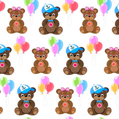 Fototapeta premium Toy bear cubs in a pattern.Vector seamless pattern with teddy bears and balloons on a transparent background.