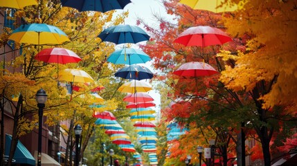 Colorful umbrellas hanging above the city street between trees in full autumn colors create an autumn artistic scene.