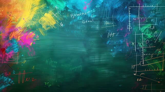 Bright brushstrokes adorn a dark green chalkboard, showcasing creativity and color in an engaging educational space. Generative AI - Powered by Adobe