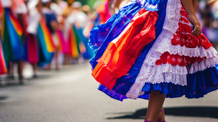 copy space, stockphoto, a costarican woman in festive blue, white and red clothing, walking in the parade during Costa Rica’s Independence Day parade. Smiling woman during Costa Rica’s independence da