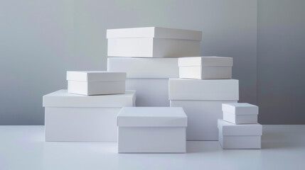 A set of pristine white boxes of varying sizes are neatly stacked against a minimalist background, embodying simplicity and elegance.
