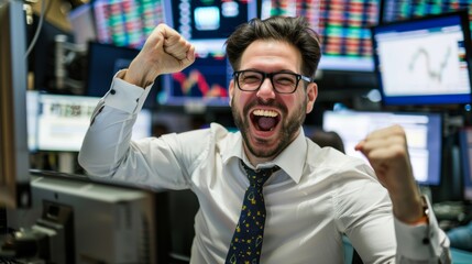 Obraz premium Photo of Happy stock trader working next to his home computer and celebrating success.