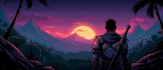 A lone warrior gazes at a vibrant sunset over a tropical jungle and mountainous landscape, evoking adventure and mystery.