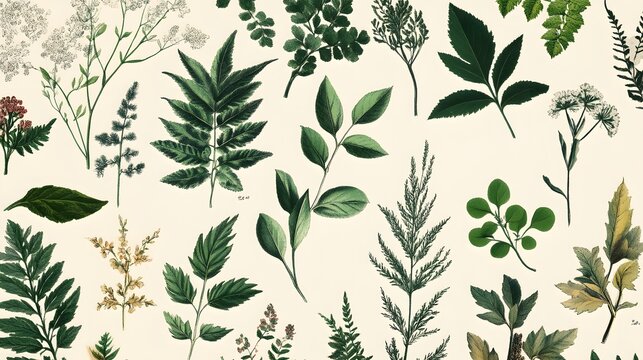 A retro botanical print showcasing detailed plant specimens, risograph style, scientific accuracy, botanical beauty, educational charm, vintage elegance, image use