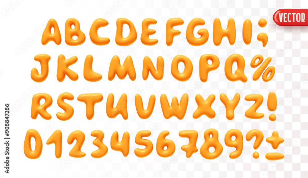 Aufkleber Plastic 3d realistic font liquid shapes orange colors. A set of letters and numbers isolated on a white background with a transparency effect. vector illustration