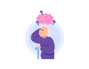 symptoms of dementia, Alzheimer's, amnesia, senile. illustration of a confused grandfather because he forgot. grandfather who forgets easily. memory disorders. flat style character design