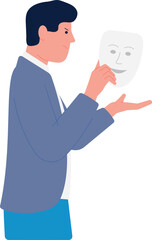 Hypocrite icon. Man hide behind face mask. Personality disguise