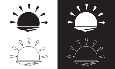 Sunrise icon set. Morning sunshine icon in sea sunset vector sign. Isolated on white and black background. EPS 10