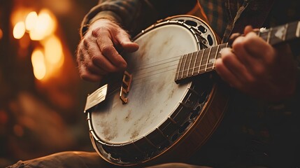 Close-up back view of a banjo player strumming, intricate details of the banjo and strings, background softly blurred with warm, earthy tones, natural light casting soft shadows, rustic and folk