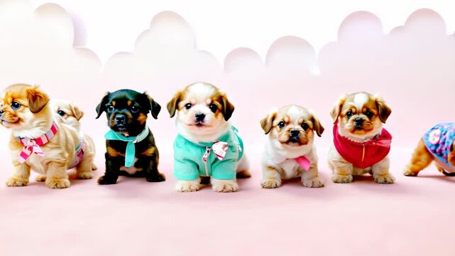 Cute pug puppies in colorful shirts, adorable group of dogs posing together