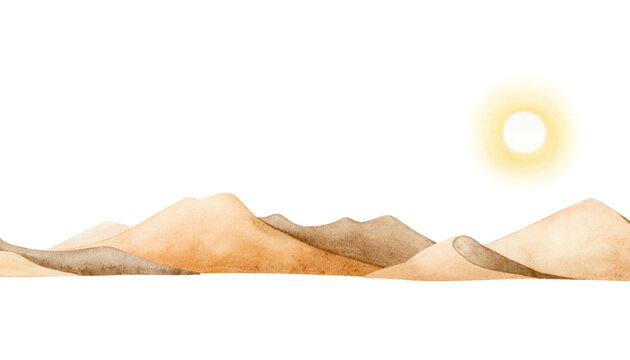 Elegant desert landscape with sun and sand dunes watercolor illustration isolated on white background. Monochrome sunrise sketch in beige and yellow colors. Panoramic horizontal clipart