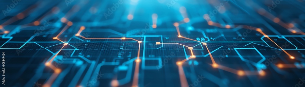 Poster abstract technology background with glowing circuits and lines in blue, representing digital connect