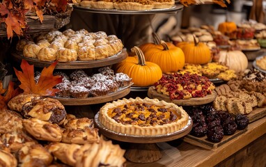 Obraz premium Assortment of Fall-themed baked goods and pumpkins on a table.