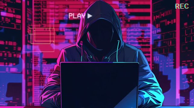 Obfuscated Identity: hacker in front of laptop. Looping 4k video animation background