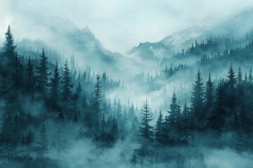 Watercolor Illustration of a Foggy Winter Forest Landscape: Wild Nature in the Winter Season