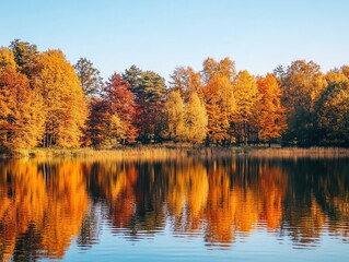 Obraz premium Vibrant autumn foliage reflected in a tranquil lake.