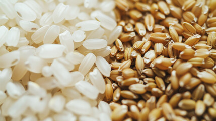 Close-up of white rice and whole grains in a contrasting, side-by-side composition.