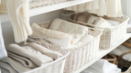 Assorted textiles and folded clothes neatly arranged in white baskets on shelves, epitomizing cleanliness and methodical storage in a closet.