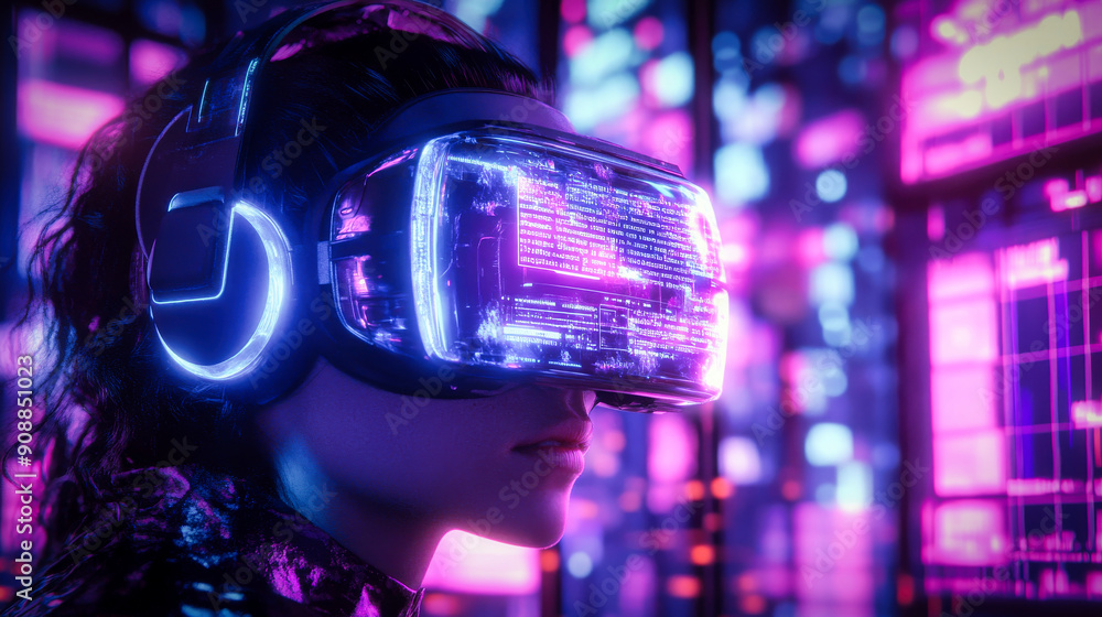 Poster a cyberpunk hacker in a virtual reality setting