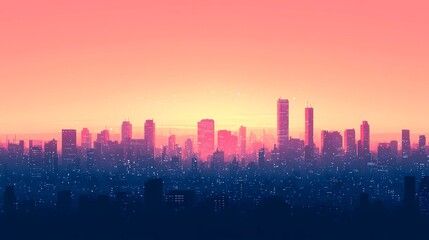 Cityscape Silhouette at Sunset with Pink and Blue Hues