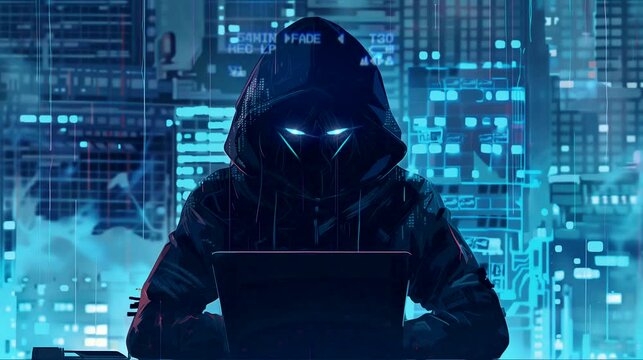 Obfuscated Identity: hacker in front of laptop. Looping 4k video animation background