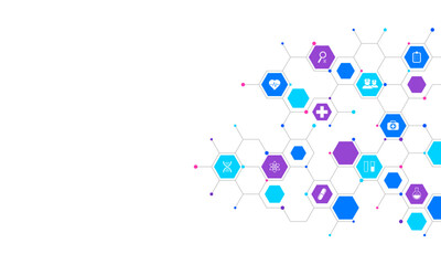 Medical background and healthcare technology with flat icons and symbols. Concept and idea for health care business, innovation medicine, health safety, science, medical research, and development.