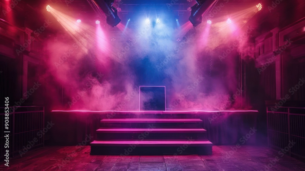 Poster a stage with a fog machine and lights on it