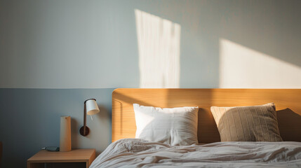 A sunlit bedroom with soft shadows, neatly made bed, and minimalist design, evoking tranquility and restful moments.