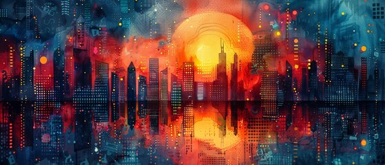 Vibrant city skyline at sunset, reflected in tranquil water, showcasing a blend of colors and futuristic elements.