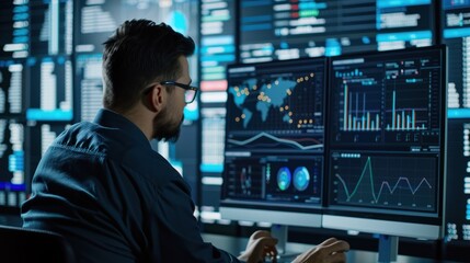 A man working as a data analyst is looking at report statistics on a computer screen.