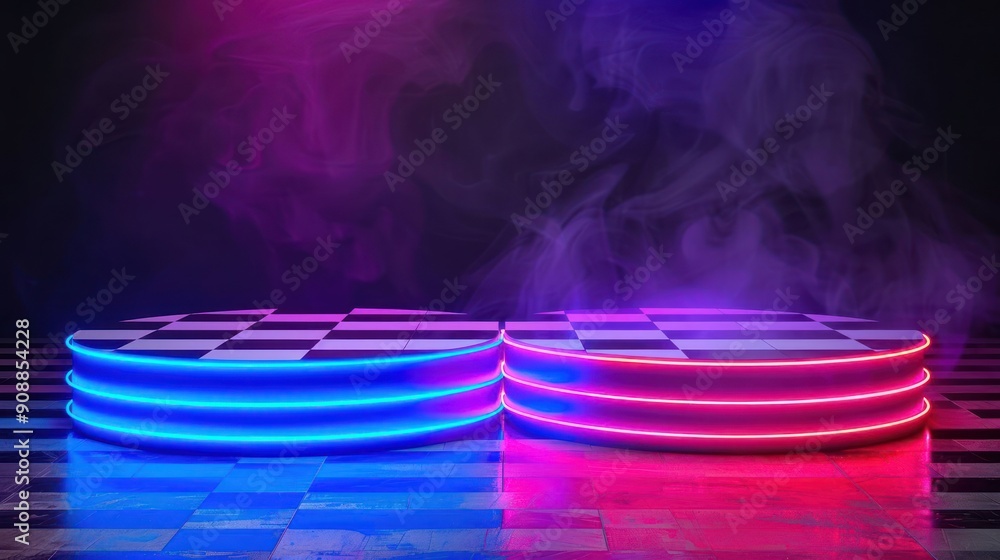Poster a pair of neon colored circular platforms with a checkered pattern