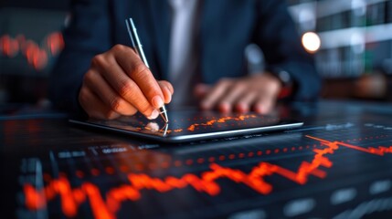 A businessperson analyzing market trends on a digital tablet with financial graphs and statistics in a modern office setting.