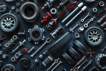 Automobile accessories. Top view of a complete set of parts for engine. 