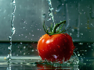 tomatoes in the water. in the background red tomato splash in water. 