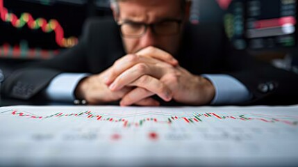 A focused businessman analyzes market trends while deep in thought, showcasing the stress of financial decision-making.