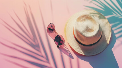Obraz premium A straw hat and sunglasses rest on a pastel pink surface with palm shadows, capturing the essence of a sunny vacation day.