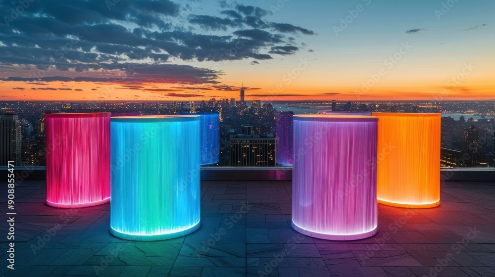 Poster A row of colorful tables with lights on them are set up on a rooftop