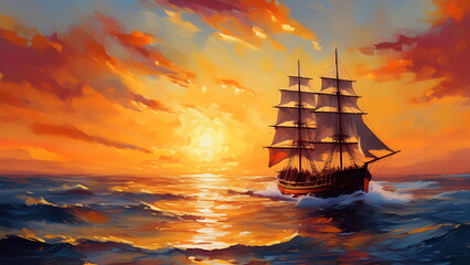 Fototapeta premium A Ship Sails into a Vibrant Sunset over a Rough Sea