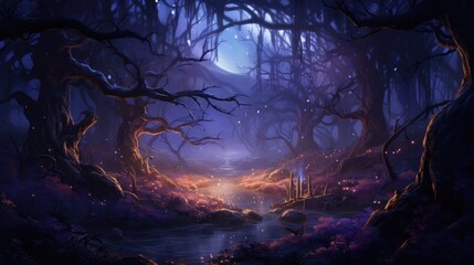 Mystical anime forest with glowing plants and ethereal lights