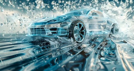 Car, car body made of glass material with ice texture and water splash effect, high speed driving, speed lines, speed motion, technology style background, car advertising poster, side view, full shot.