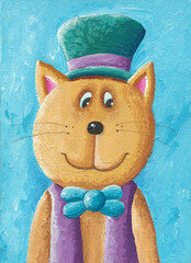 A cute ginger cat with hat and bow tie